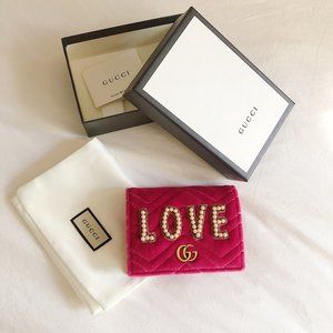 Authentic Gucci Velvet Pearl Embroidered Marmont Rose Raspberry Wallet Card Case